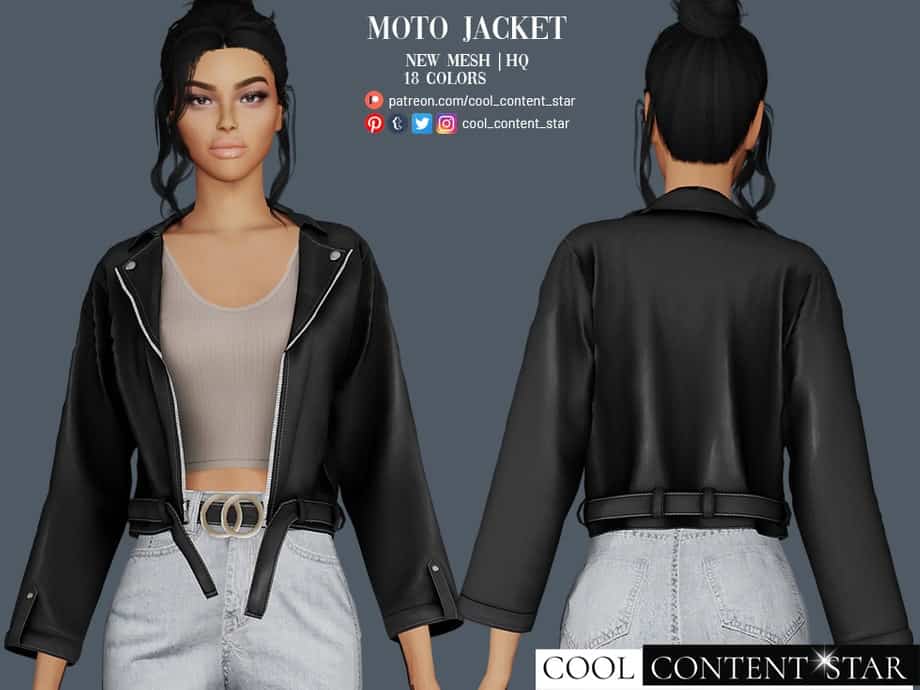 Stylish black moto jacket, female model wearing in front and back view, perfect for fashion-forward outfits, available in multiple colors, high-quality leather, trendy accessory for casual or edgy looks.