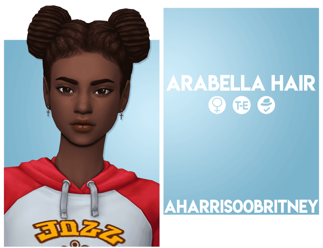 Brown-skinned woman with arabella hair styled in two large buns, wearing a red and white hoodie, earrings, and made in a digital avatar style for Must Have Mods.