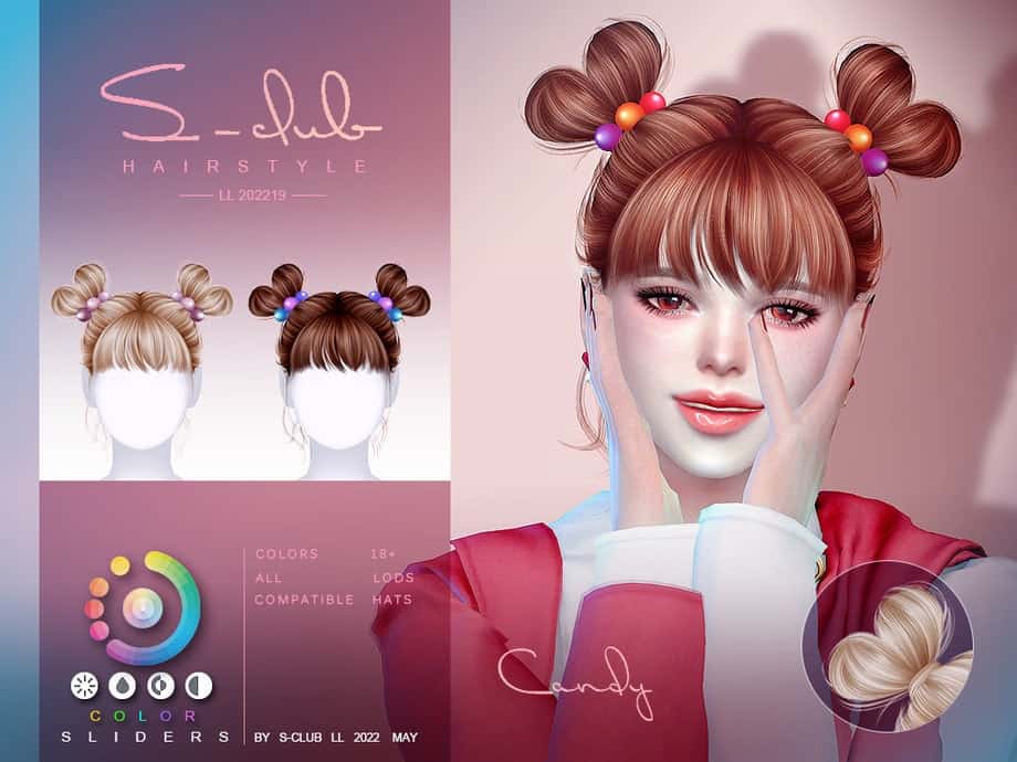 Sweet style colorful hairstyle with playful space buns, perfect for virtual avatars and gaming characters, fits for all hair colors and compatible with various virtual hair mods.