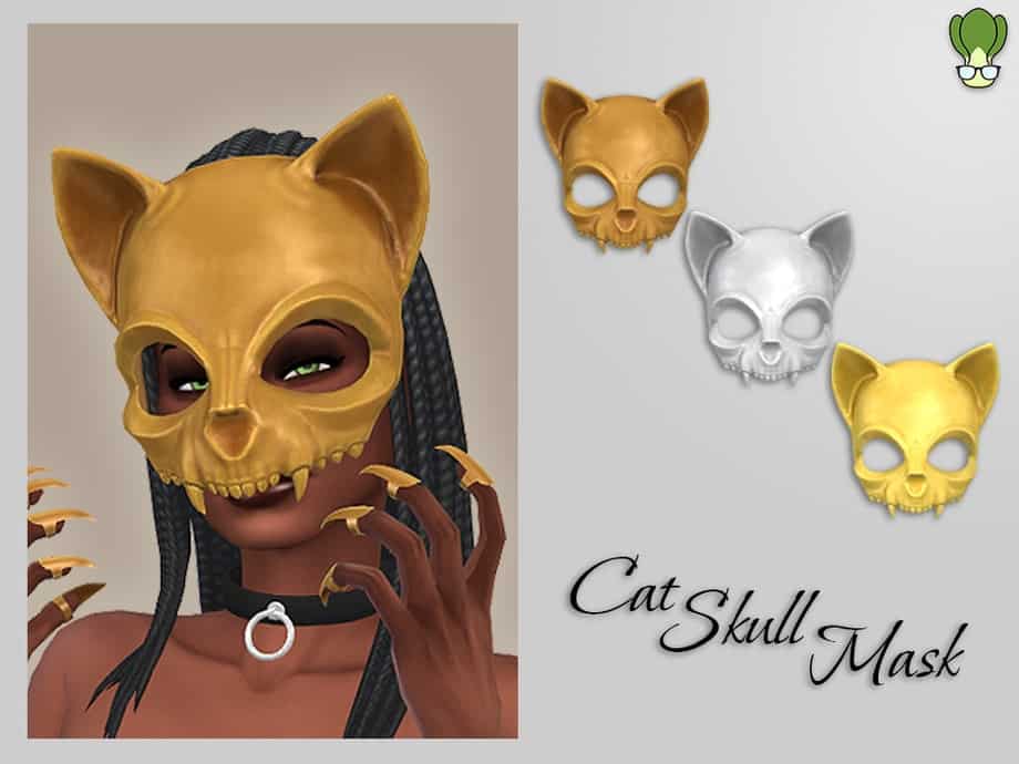 Cat skull mask in gold, silver, and bronze colors for Halloween costumes and cosplay. Perfect for adding a spooky, stylish touch to your look with this unique accessory.