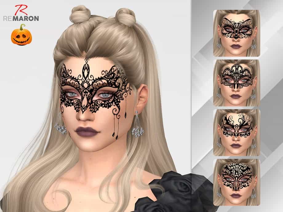 Black lace masquerade face mask for female avatar, Halloween costume accessory, detailed decorative eye mask, virtual makeup, spooky event perfect for Halloween parties.