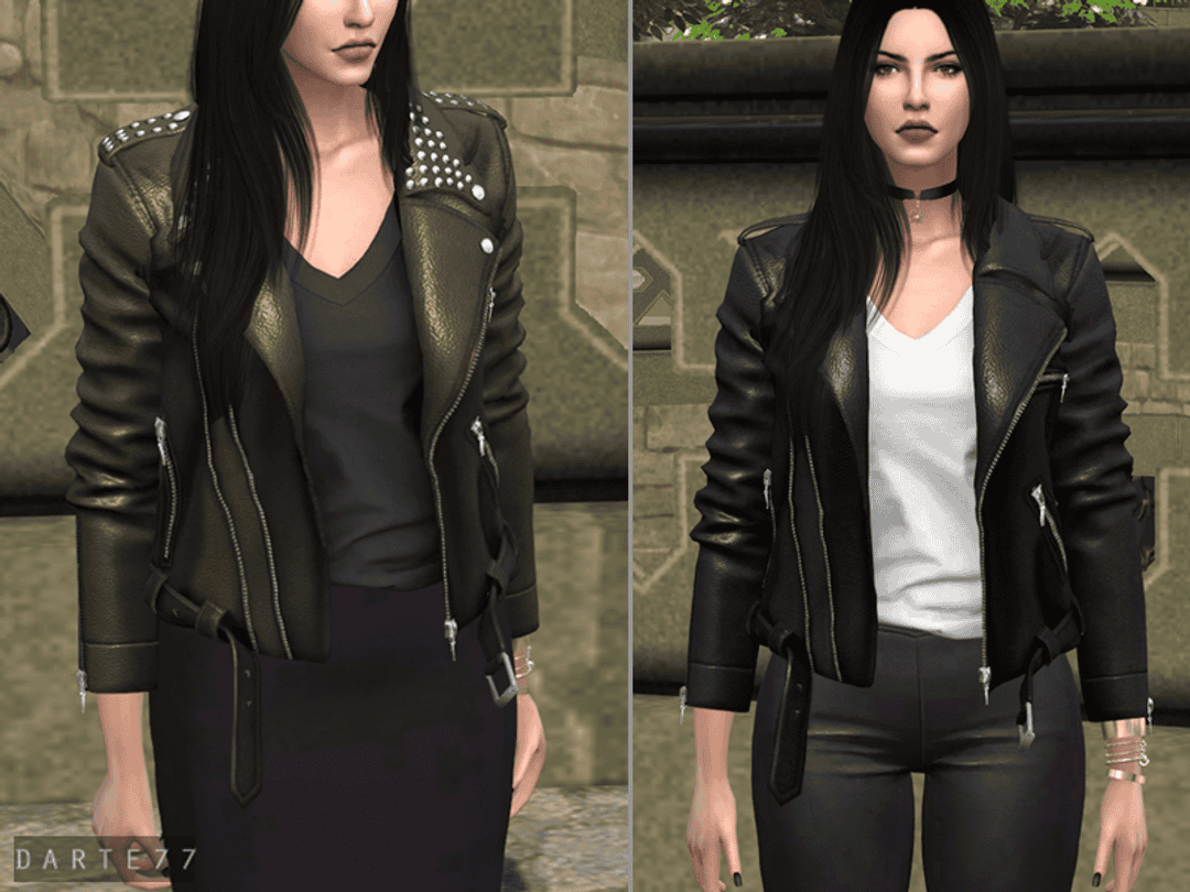 Motorcycle jacket mod for Sims 4, black leather jacket with studs for female characterwide, stylish edgy jacket mod for Sims 4 fantasy characters, wearable leather biker jacket with metal details, high-quality fashion mod for Sims 4 customization.