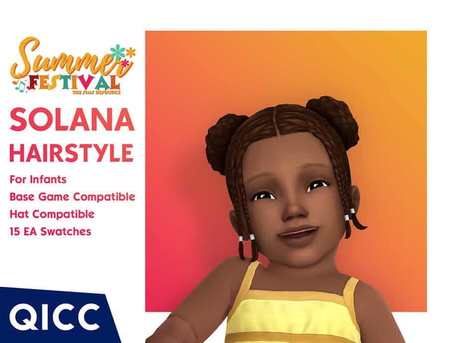 SOLANA hairstyle for infants, base game and hat compatible in The Sims 4, featuring 15 EA swatches, styled with creative braids and buns, perfect for young children.