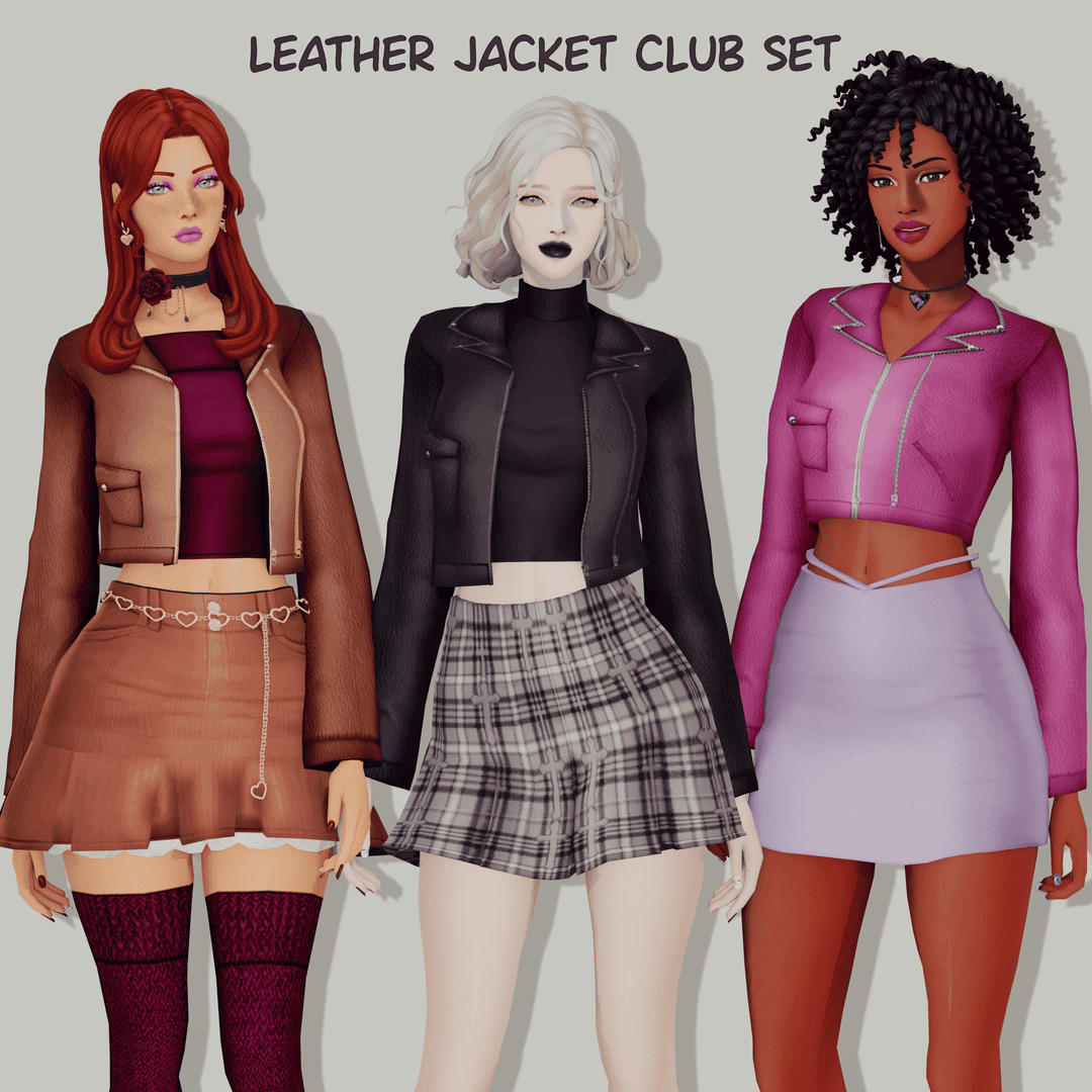 Leather jacket club set with three stylish characters wearing trendy cropped leather jackets in different colors and styles for virtual fashion and gaming.