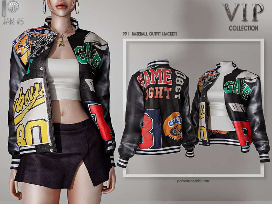 Vintage baseball-inspired varsity jacket with bold patchwork and colorful graphic patches for a stylish streetwear look. Perfect for fans of sporty fashion and custom Mods.