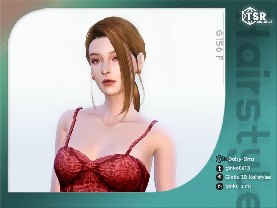 Elegant female character from The Sims 4 wearing a red patterned dress with shoulder straps, showcased in a modern promotional image for Must Have Mods, highlighting custom content and hairstyles.