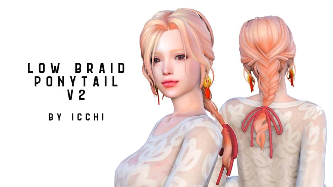 Soft peach-colored low braid ponytail hairstyle with red ribbon accents, designed for digital characters and avatars, ideal for beauty mods, hair customization, and virtual fashion enhancements.