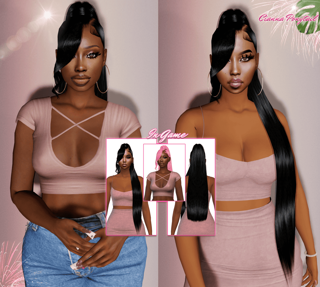 Sleek long black straight hairstyle for women, side part, shiny hair, elegant hair look for fashion models, must have hair mod, Iv Game Featuring Gianna Pngtail, digital fashion styling image.