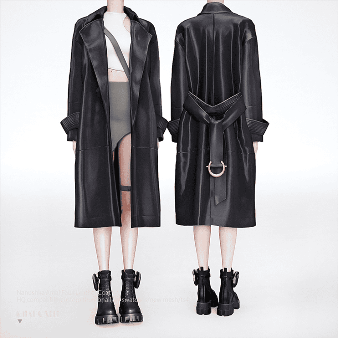 Black leather trench coat with wide lapels and matching belt, styled with edgy chunky boots and modern streetwear fashion. Perfect for high fashion and streetwear enthusiasts seeking bold statement outerwear.