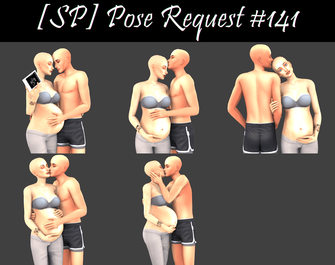 Pregnant couple in various romantic poses, digital art, must-have mods for Sims 4, pregnancy and intimacy scenes, cute couple interactions, virtual lovers, realistic character poses, suggestive Sims 4 content.