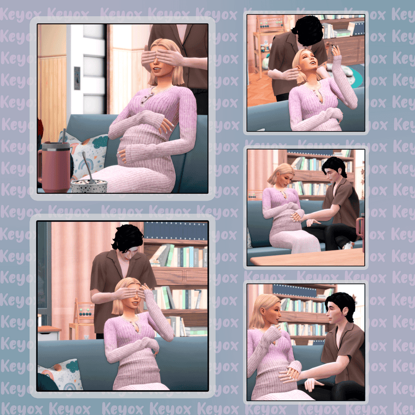 Deactivate-vision - game simulation of a woman getting a surprise, blindfolded and emotional, in a cozy living room setting, with a man and woman interacting, emphasizing emotional connection and immersive storytelling.