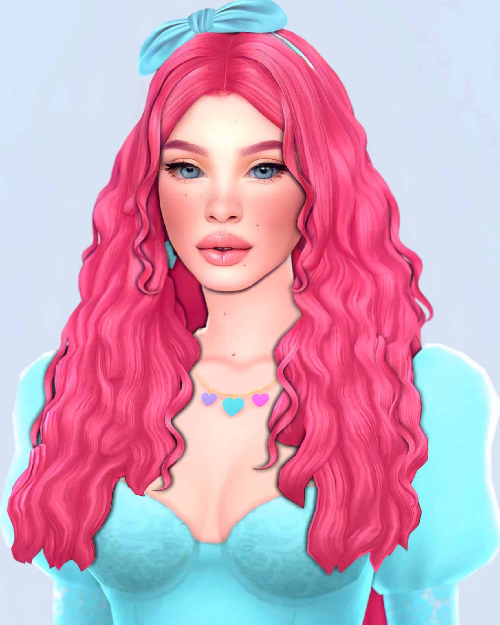 Pink-haired anime girl with blue eyes, colorful heart necklace, and vibrant cosplay outfit, digital art inspired by Must Have Mods for gaming and fashion enthusiasts, vibrant and eye-catching character design.