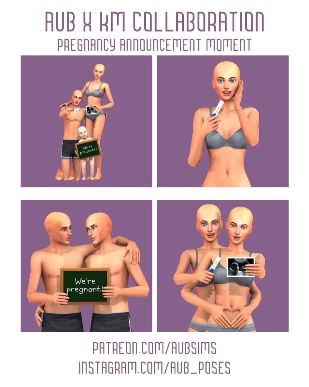 Aub x KM collaboration pregnancy announcement 3D animated characters with ultrasound and chalkboard signs, celebrating pregnancy news for mod fans.