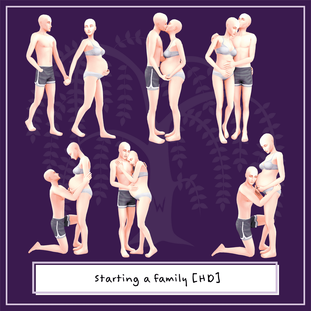 Pregnancy and family custom characters in The Sims, showcasing different stages of starting a family with emotional and intimate moments. Ideal for Sims modding, family expansions, and life simulation content.