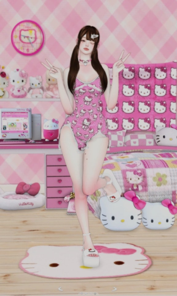 Pink Hello Kitty-themed bedroom with plush toys, matching bedding, and kawaii decor, showcasing popular must-have mods for a cute and cozy anime-inspired space.