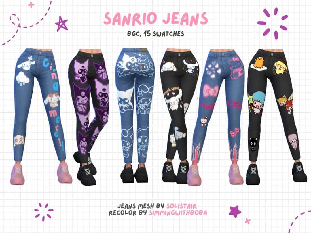 Colorful Sanrio-inspired jeans featuring popular characters like Hello Kitty, My Melody, and Cinnamoroll, perfect for kawaii fashion enthusiasts and casual streetwear fans.