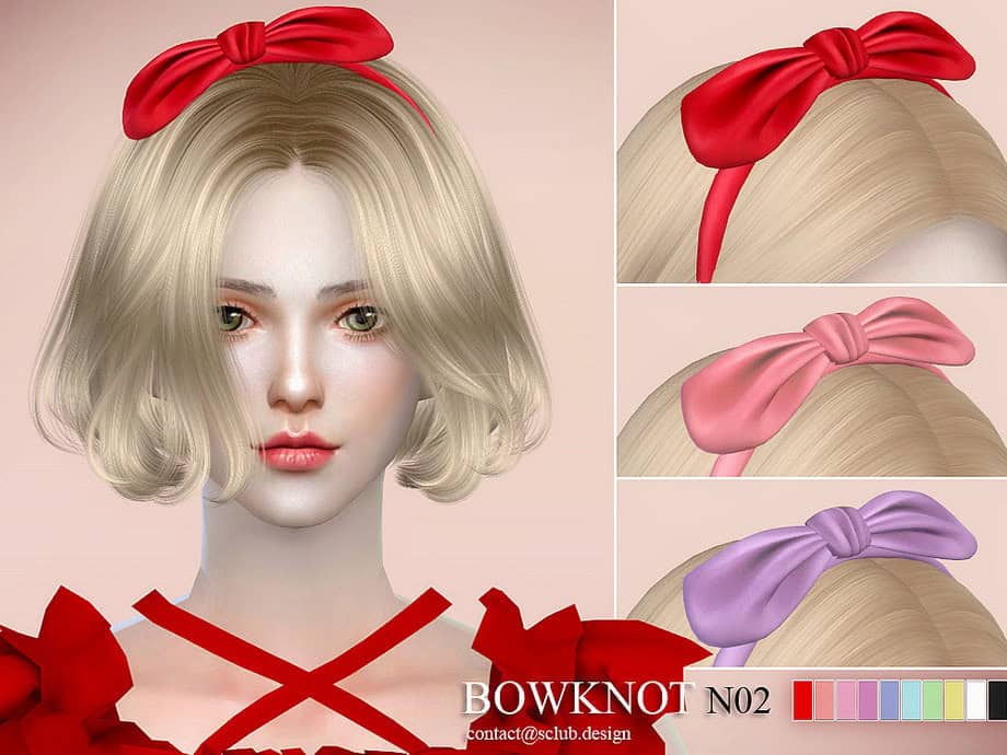 Red bow headband accessory for female character in The Sims 4; customizable hair accessory with multiple color options for vibrant style.