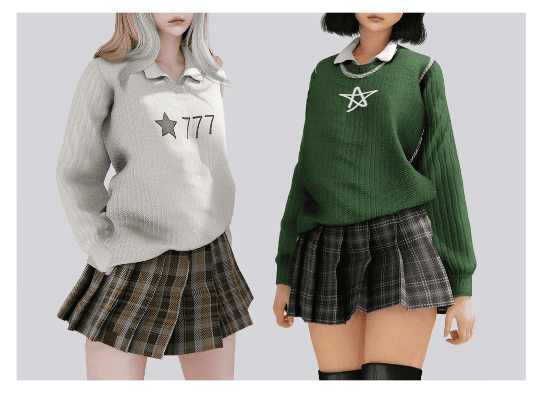Sparkly sweater with star and 777 details, stylish plaid mini skirts, fashionable youth casual wear, trendy mod-inspired outfits for teens, Must Have Mods fashion collection.