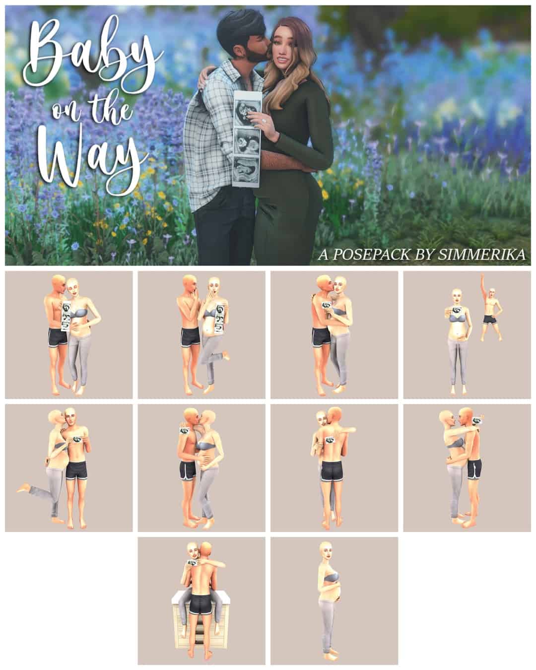 Baby on the way pregnancy posepack for Sims 4, featuring couples in tender moments, pregnancy announcements, and affectionate embraces, ideal for creating realistic maternity and family scenes.