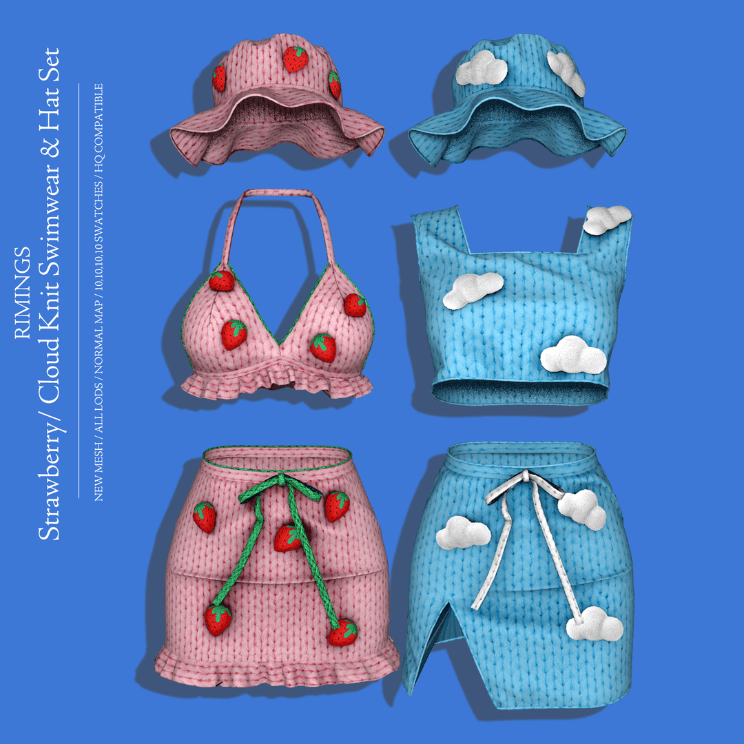 Pink strawberry cloud swimsuit and knit hat set for kids, cute blue cloud hoodie and shorts for children, playful summer fashion, must-have kid's clothing accessories, 3D cloud and strawberry motifs, digital knitting pattern for kidswear.