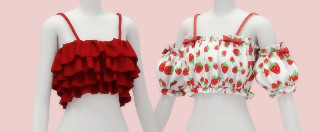 Red ruffled crop top with spaghetti straps and strawberry print puff sleeve top for summer fashion trends.