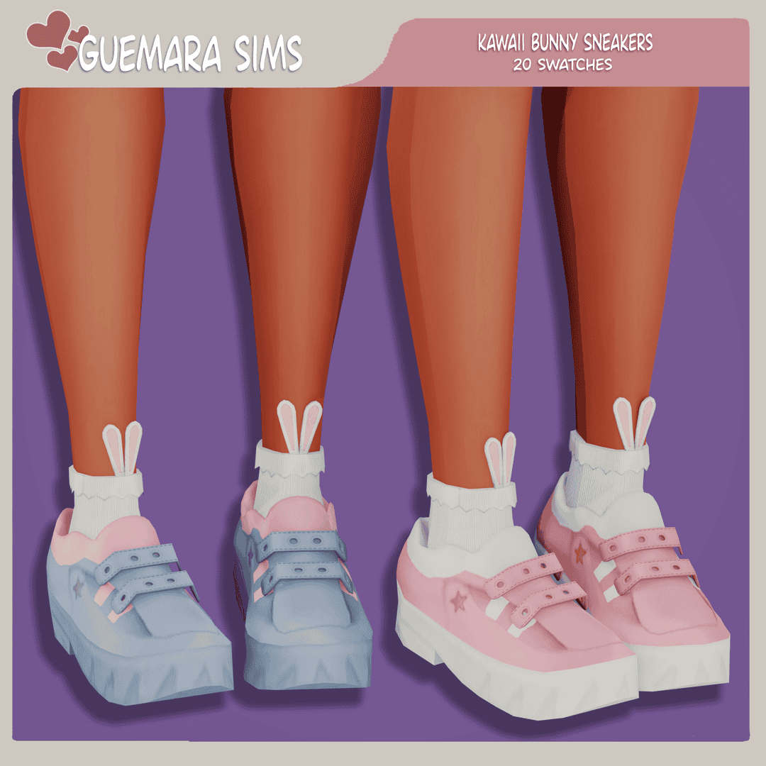 Blue and pink kawaii bunny sneakers with star details for The Sims, perfect for custom game mods and enhancing style.