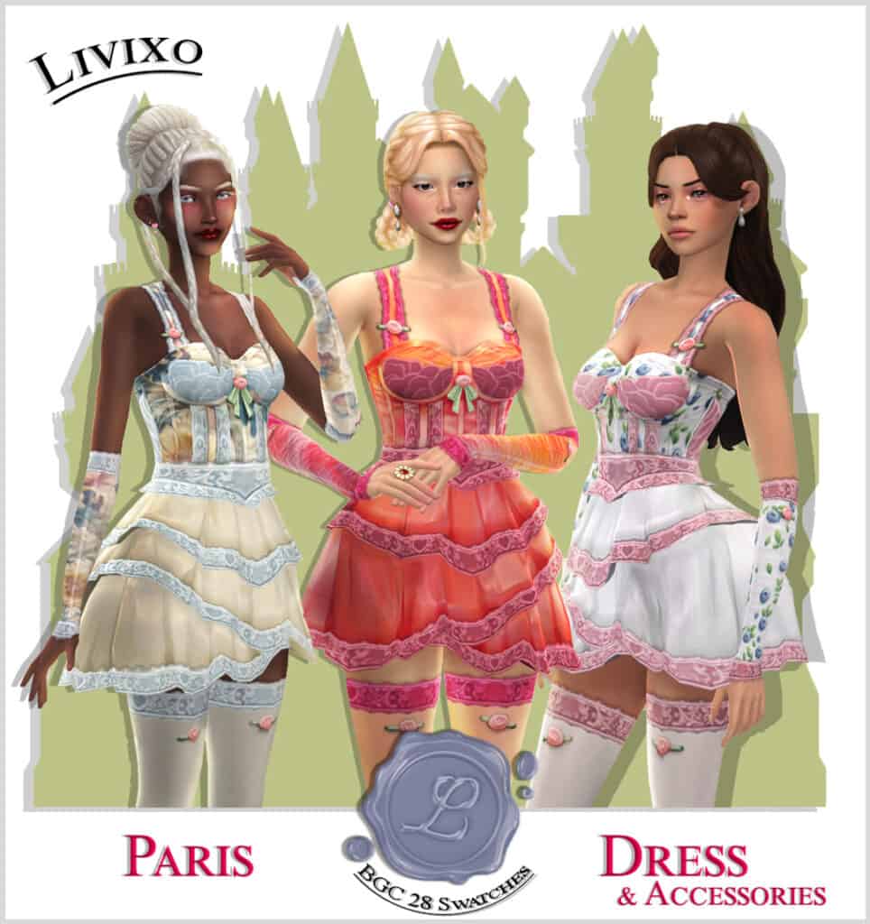 Elegant French-inspired dress designs for The Sims 4, featuring pastel colors, lace details, and vintage accessories, perfect for fashionable gameplay.