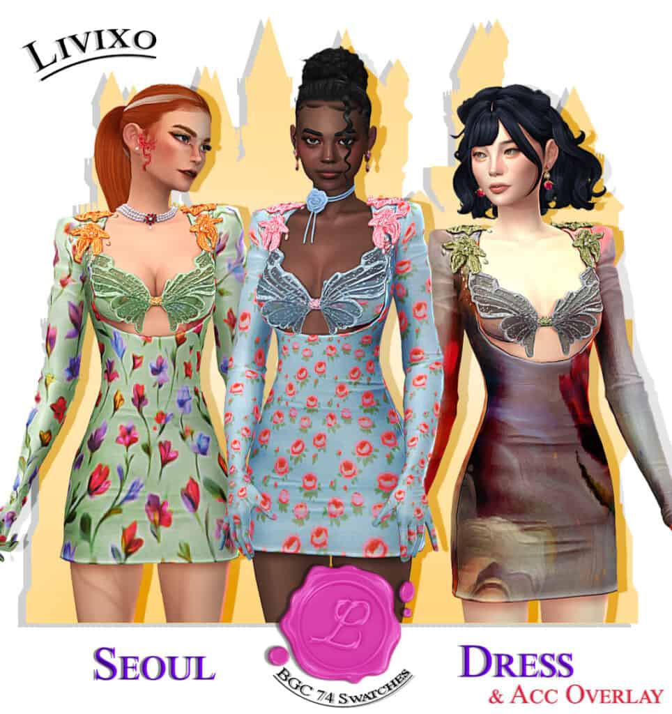 Elegant fashion dresses with butterfly embroidery, featuring floral and animal print designs for stylish, modern women's wear. Perfect for creating captivating digital avatars or gaming characters.