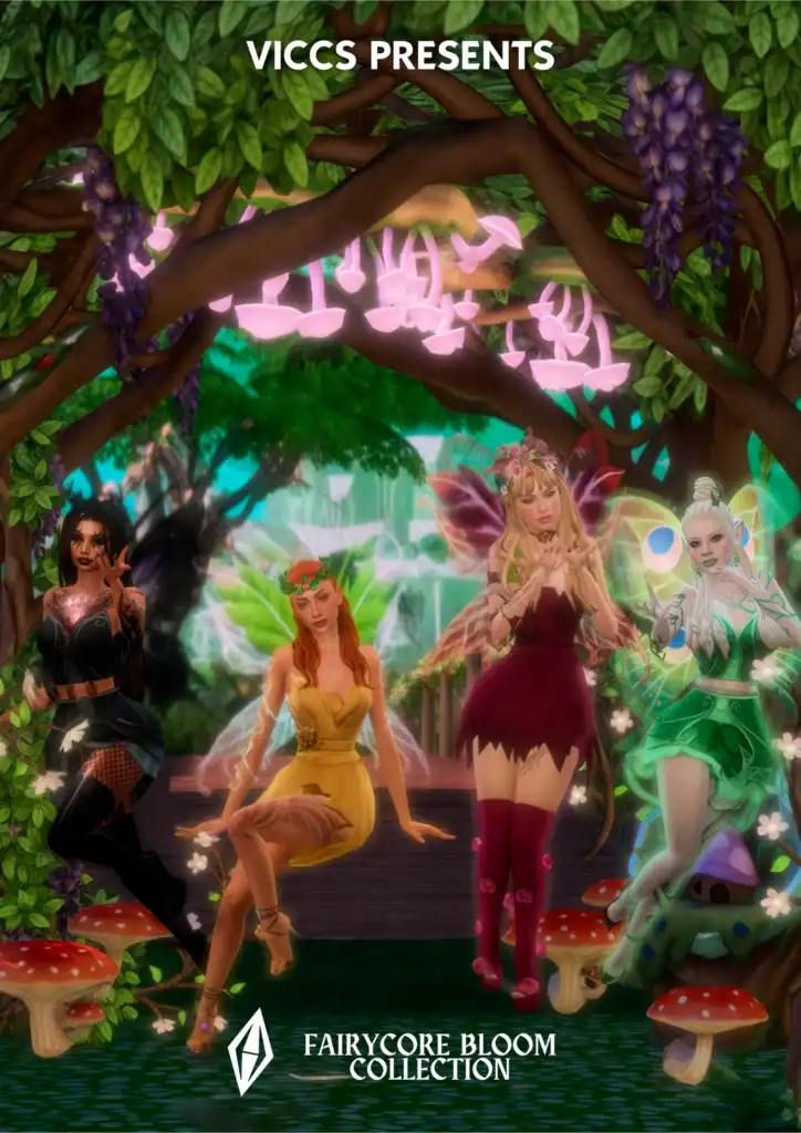 VICCS presents Fairycore Bloom Collection featuring magical fairy characters in a lush enchanted forest with vibrant flowers, mushrooms, and mystical lighting, perfect for fantasy-themed gaming and mods.