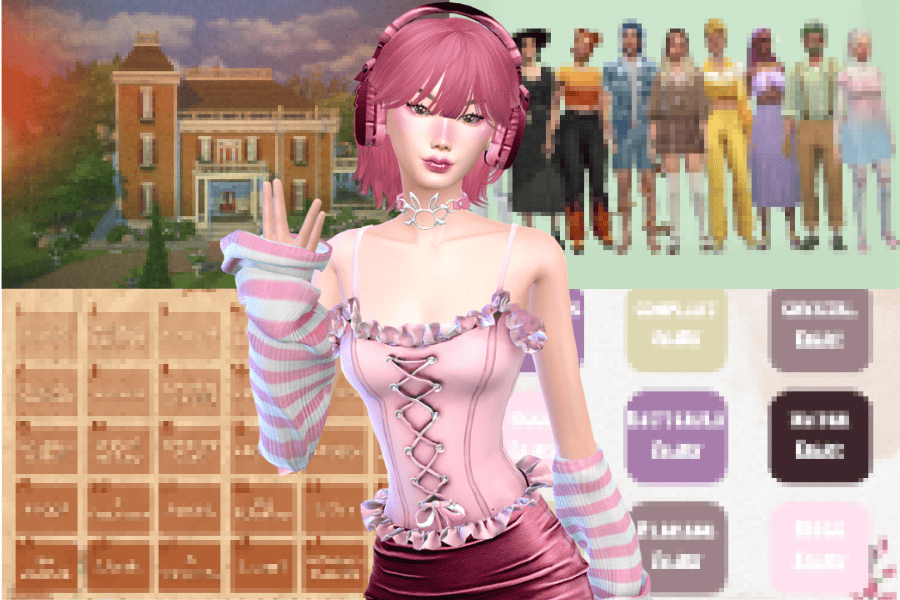 Beautiful female avatar with pink hair wearing pink and purple mod clothing in the Sims game, showcasing custom mods and skins for enhanced gameplay and character customization, vibrant colorful background.