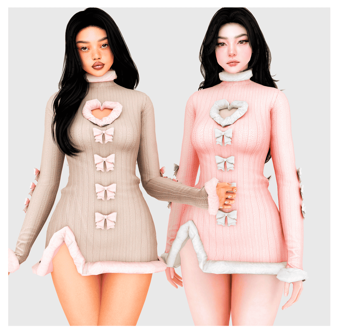 Cute female avatars wearing pastel pink and beige knitted dresses with bows and heart-shaped accessories, showcasing stylish virtual fashion for The Sims or 3D character customization.