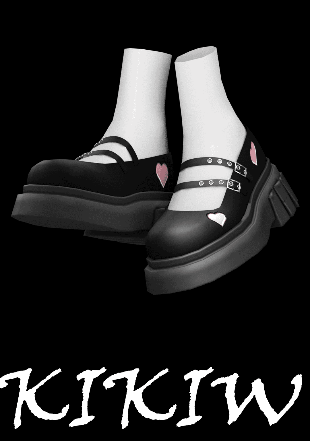 Black and white platform boots with heart designs and buckle accents, alternative fashion footwear for goth and punk styles.