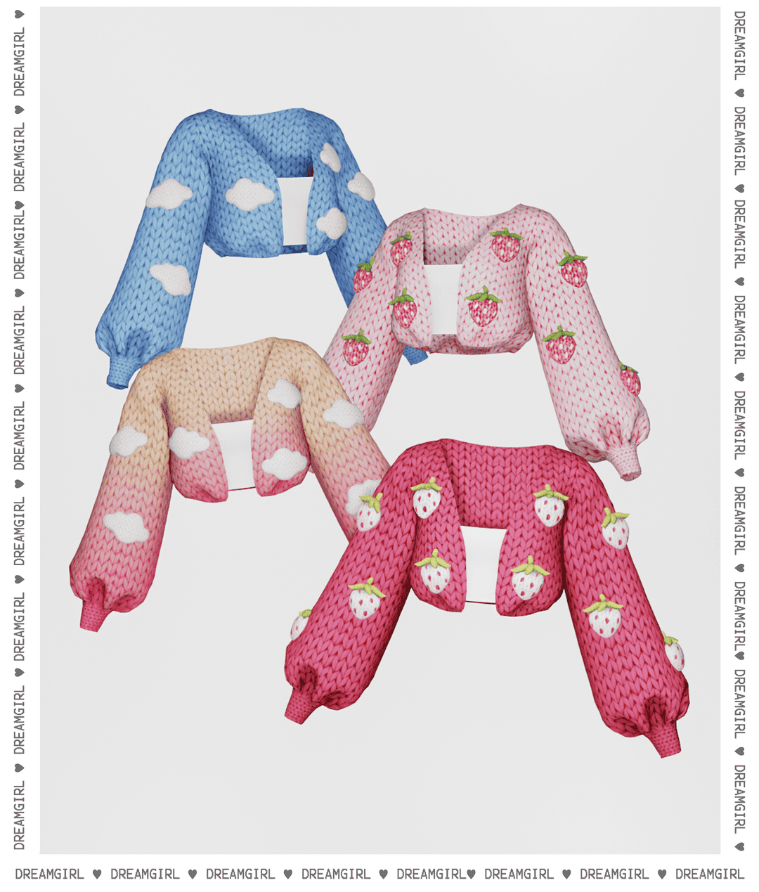 Stretch knit cardigan with cloud and strawberry embroidery, colorful cozy retro-inspired fashion, perfect for loungewear or casual street style, ideal for spring and summer seasons.