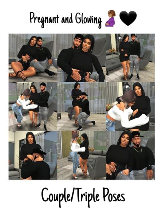 Pregnant woman and glowing couple in trendy outfits performing various poses indoors.