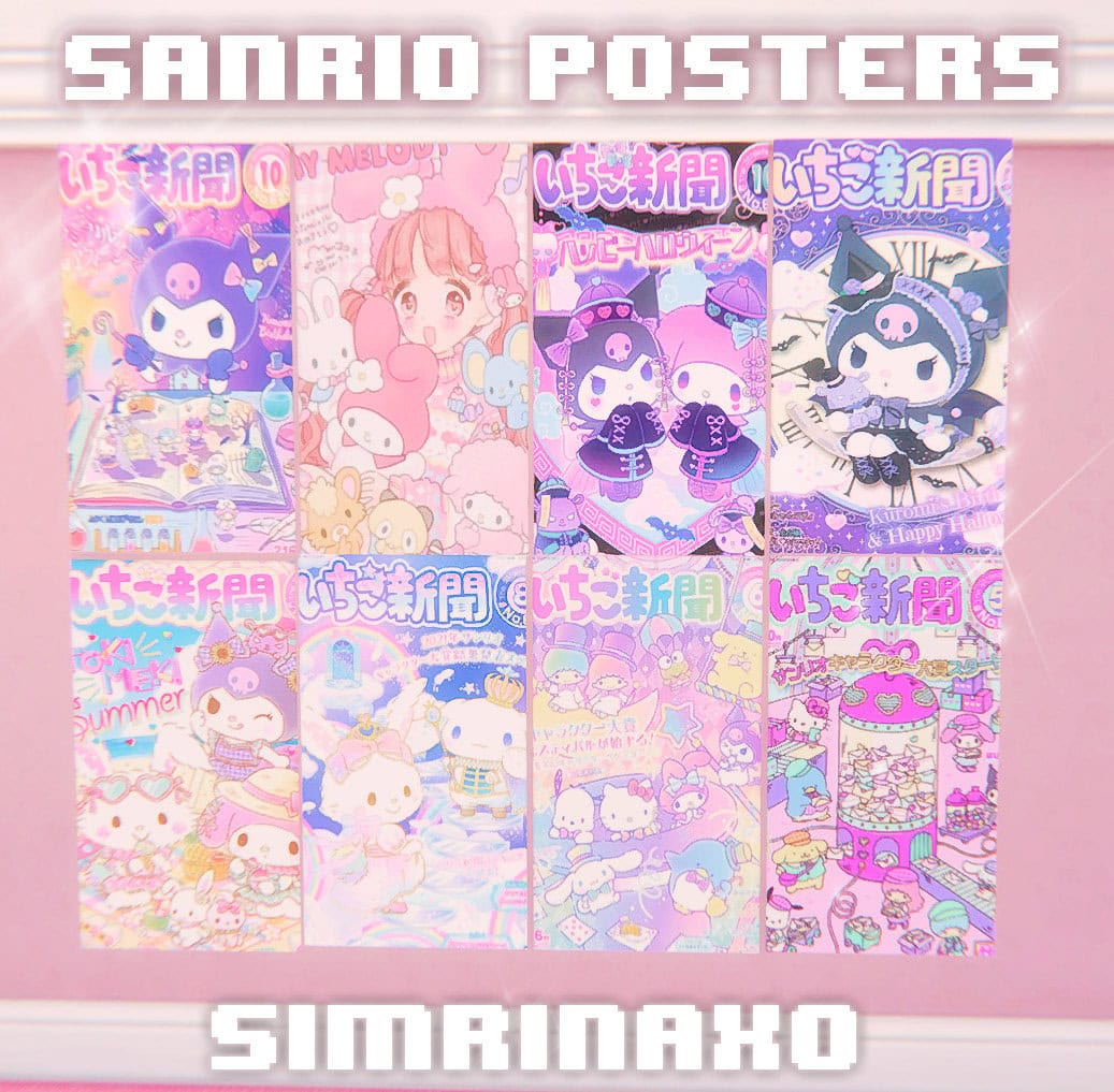 Pastel Sanrio posters featuring Hello Kitty, My Melody, Little Twin Stars, and other kawaii characters, perfect for cute wall decor and collectible merchandise.