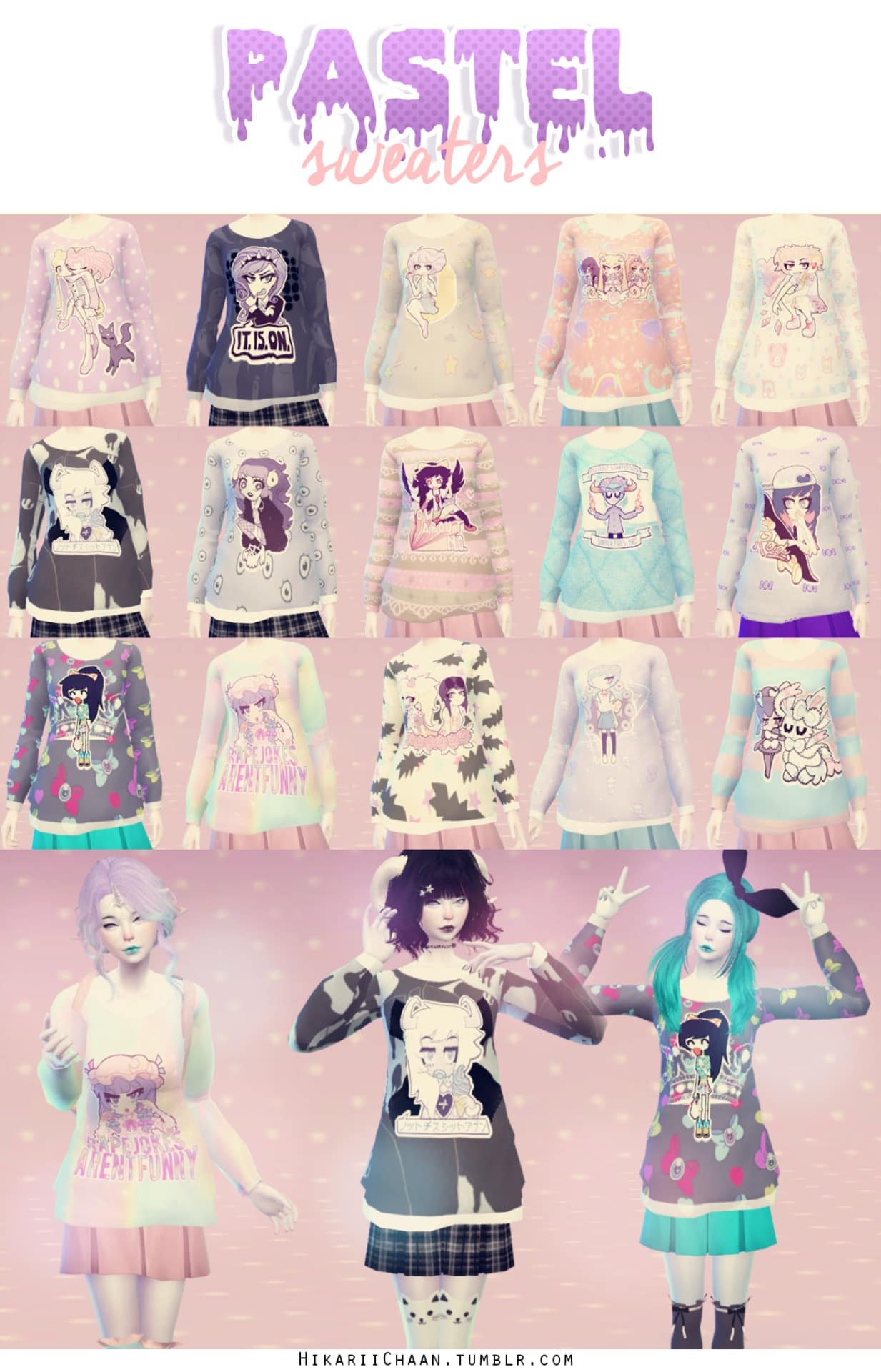 Pastel Sweater Collection featuring cute, anime-inspired pastel-themed designs for The Sims 4, perfect for customizing your game with stylish, kawaii fashion mods.