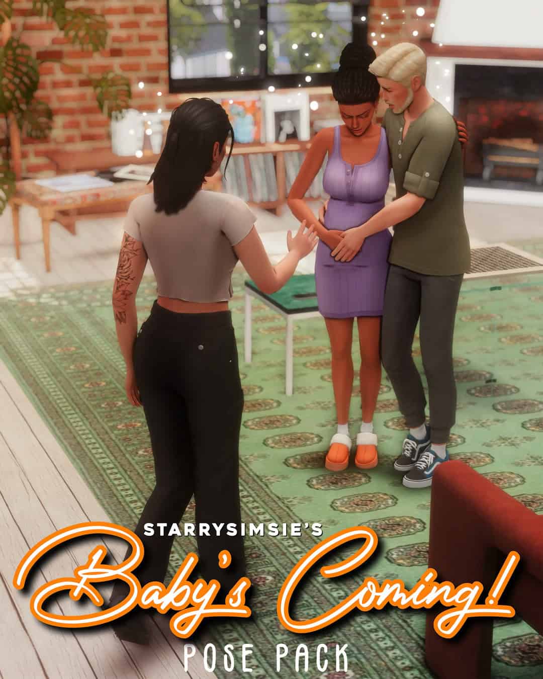 Adorable pregnant woman with partner and friend during a baby shower celebration in a cozy modern living room.