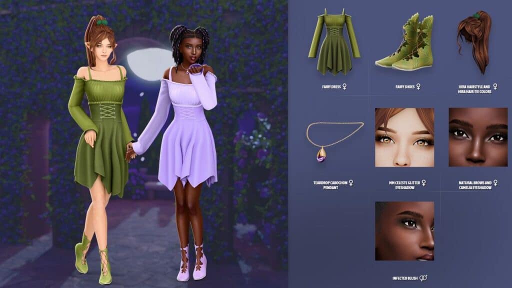 Elegant fantasy game characters wearing colorful dresses with detailed accessories, showcasing popular must-have mods for enhancing Sims 4 gameplay and customization.