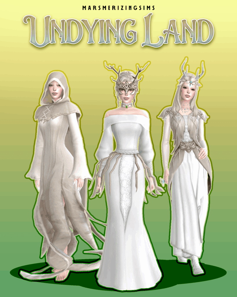 Majestic fantasy characters in elegant white fantasy dresses with nature-inspired and mystical accessories, perfect for The Sims 4 gameplay and mods, showcasing elegant and mythical Undying Land theme.