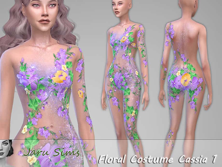 Purple floral fantasy costume with vibrant yellow and green accents, perfect for fantasy or fairy-themed Sims. Ideal for enhancing your Sims’ wardrobe with custom floral costume mods.