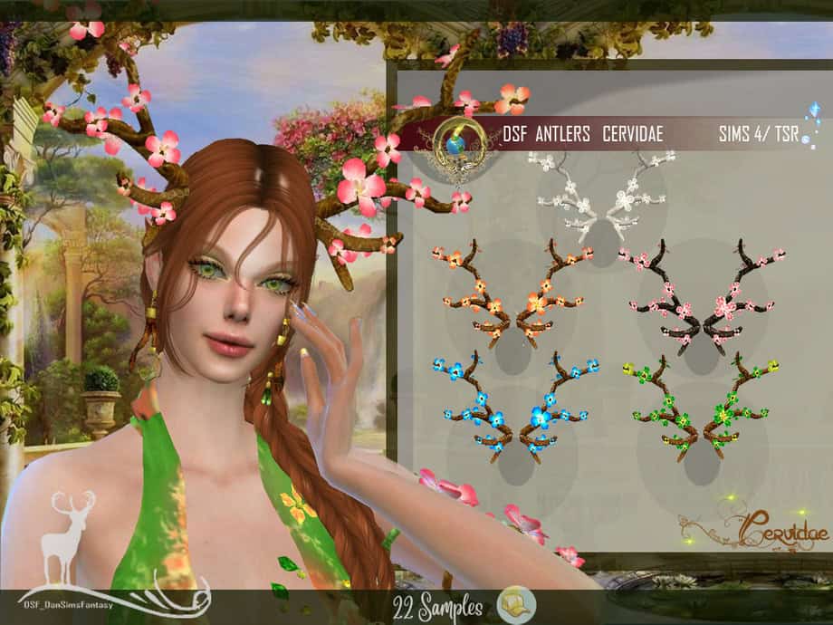 Antler accessories for Sims 4 featuring cherry blossom designs, fantasy nature-themed decor, digital art, popular in Sims modding community.