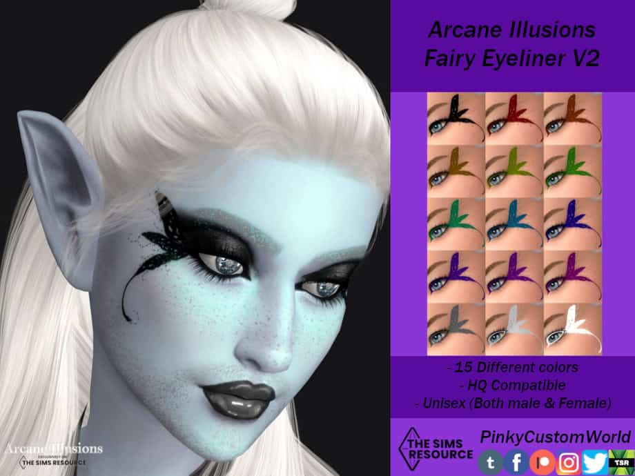 Arcane-illusions-fairy-eyeliner-v2-must-have-mods-sims-4 2. Intricate fairy-inspired eyeliner mod with 15 color options, designed for Sims 4, suitable for both male and female characters, HQ compatible.