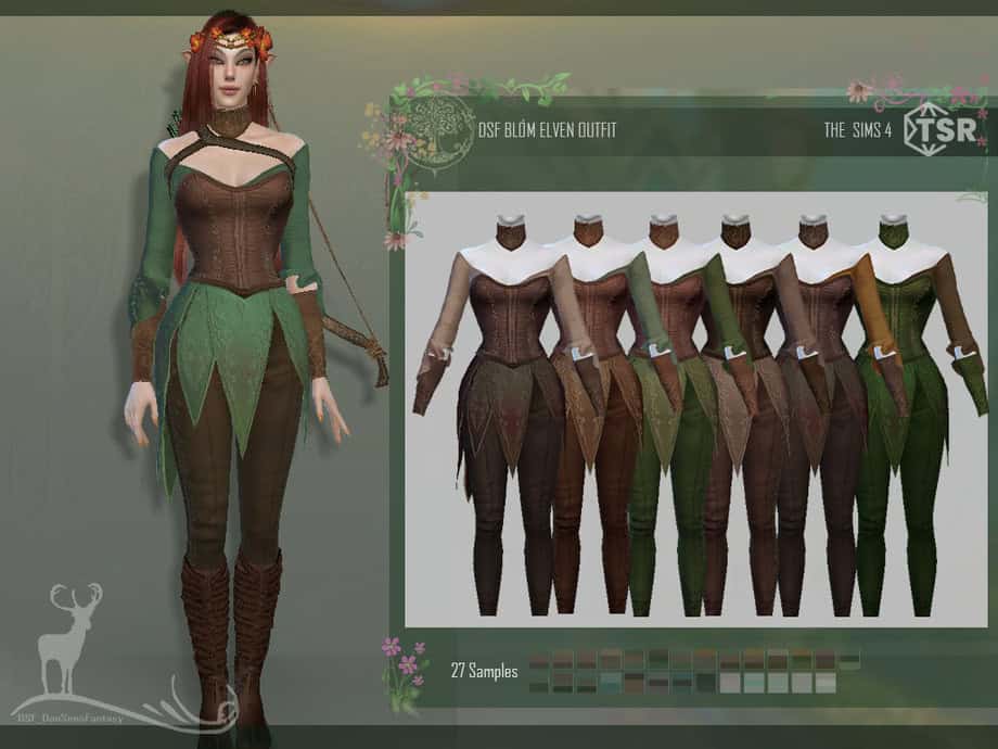 Elegant fantasy elf outfit for The Sims 4 featuring nature-inspired colors and intricate design details. Perfect for creating mystical, enchanting characters with custom skins and accessories.