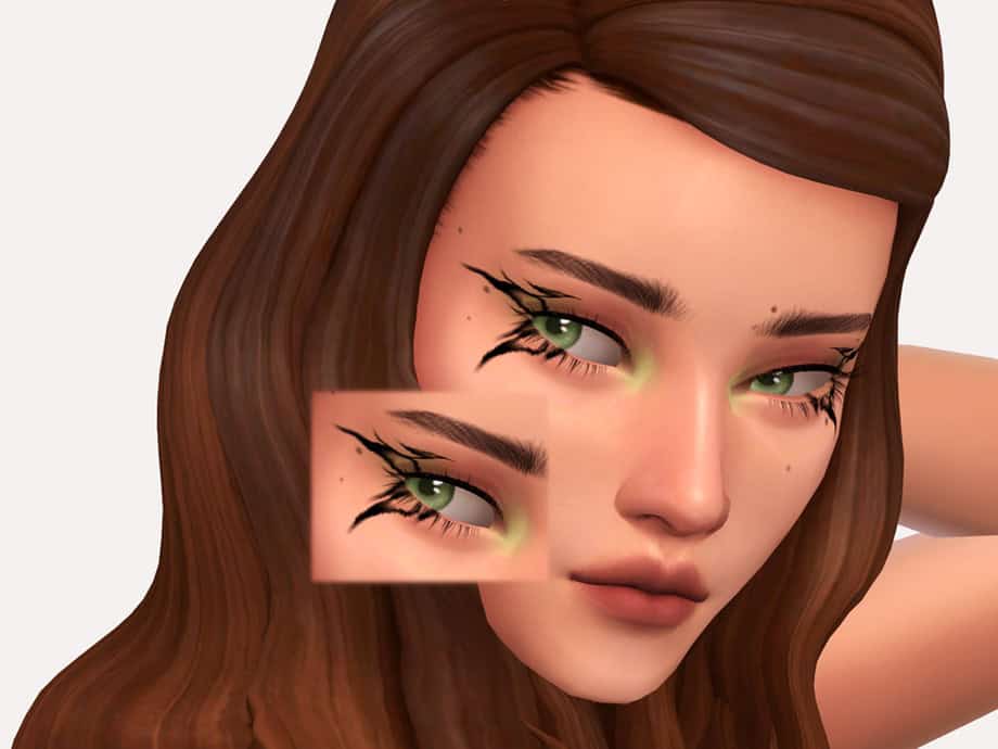 Eye makeup mod for The Sims 4 with detailed eyeliner and vibrant green eyes, perfect for customizing your Sims' look.