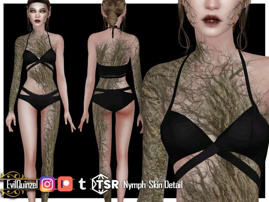 Tree-themed body art, fantasy tattoo, female model with intricate tree tattoos for cosplay and fantasy fashion.