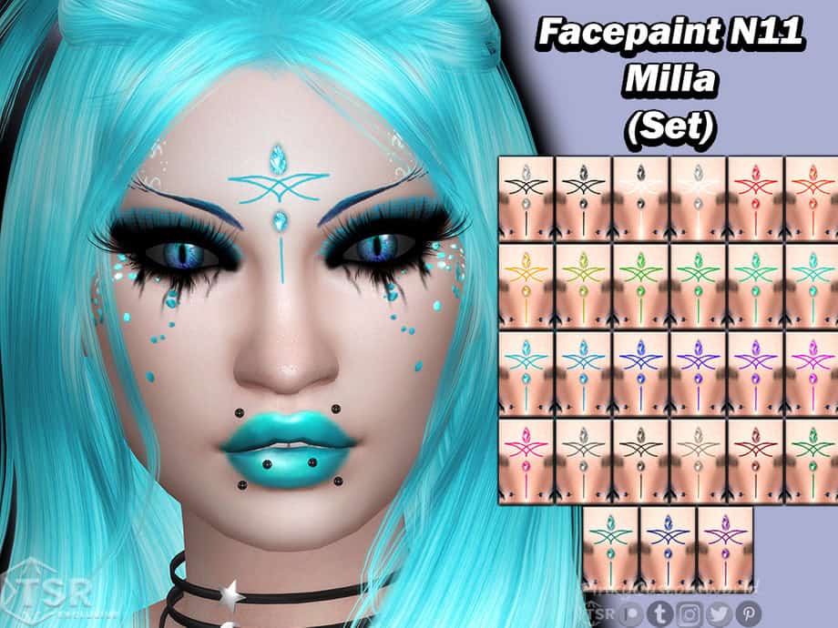 Blue hair, fantasy face paint, and piercings with colorful eye makeup, digital art for Sims 4, vibrant fantasy makeup set, fantasy style cosmetic mods for gaming, digital character customization accessories.