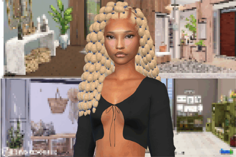 Black woman with blonde crochet hair, wearing a stylish black cut-out top, standing in a modern, real estate-themed environment. Perfect for fashion, hair, and interior design inspiration.