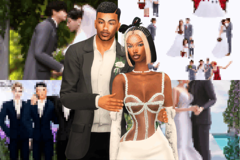 Men and women in wedding attire at a digital wedding simulation, showcasing customizable wedding mods for virtual weddings.