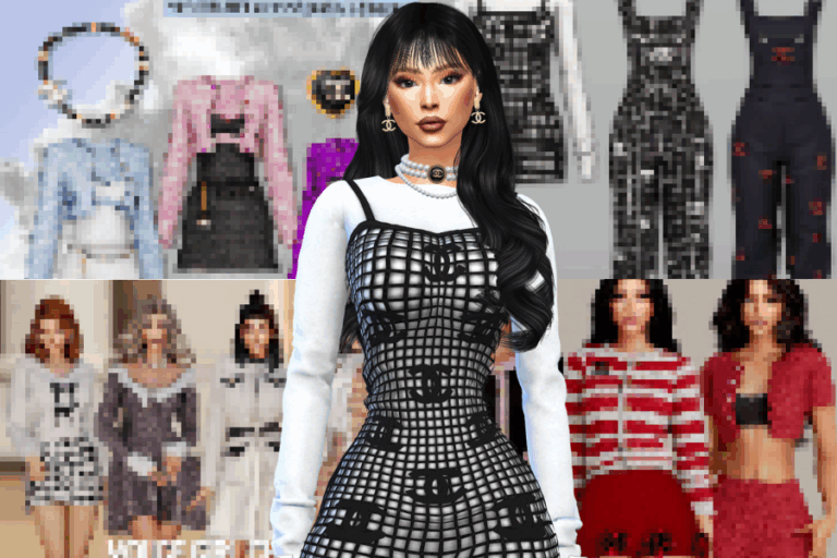 Chic woman wearing a black mesh dress with Chanel logos, stylish jewelry, and long dark hair, standing in front of clothing racks displaying trendy fashion outfits.