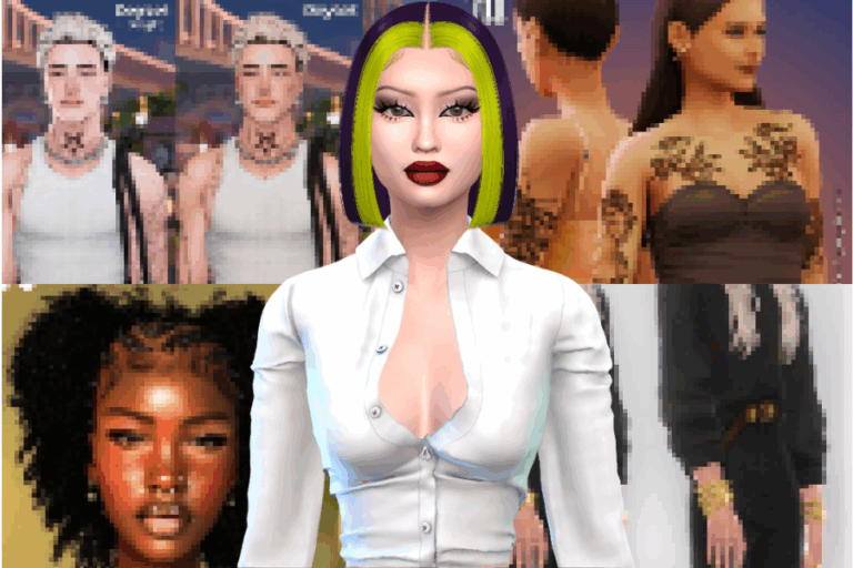 Vibrant digital avatar with neon green and black bob hairstyle, wearing a white button-up shirt, surrounded by diverse fashion and avatar customization mod images for the Sims.